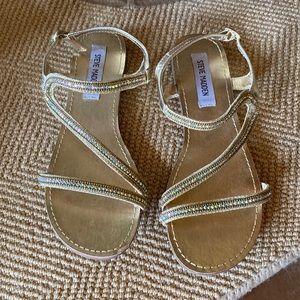 Steve Madden Size 7 Sandal, Metallic gold with crystals, Like New, 2 tiny flaws